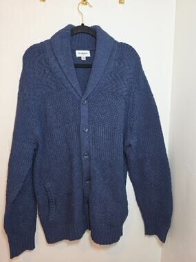 Men's Shawl Collar Chunky Knit Cardigan Size XL Navy Pockets Cotton Grandpacore